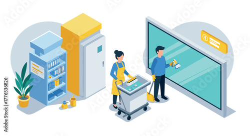 Isometric cleaning crew at work in modern digital facility setting