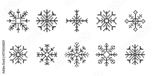 Set y2k pixel art snowflake winter crystal, retro 8 bit mosaic ornament. Ice seasonal design element, background. 90s aesthetics vintage games.