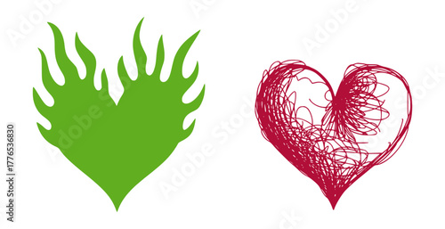 Green flame heart red scribble heart vector