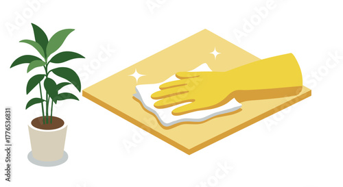 Isometric cleaning concept with rubber glove and potted plant