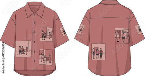 Cartoon patch shirt, illustrated fashion, playful garment, character design, streetwear style, quirky apparel, creative textile, front back view, summer wear