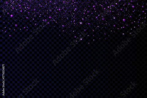 Purple glitter background with twinkles. Shimmer violet spray effect for retro disco celebration banners. Shiny confetti, stardust light texture. Festive particles vector magic overlay illustration.