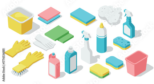 Isometric cleaning supplies collection with colorful detergents and tools