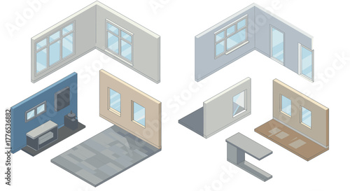 Isometric room designs with modern windows and furniture elements
