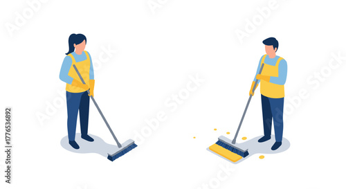 Teamwork in cleaning isometric concept of people mopping together in uniforms