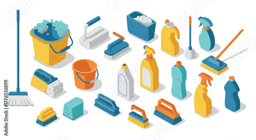 Colorful isometric cleaning supplies collection with brushes and bottles