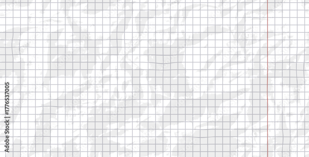 Crumpled grid paper blank. White math page background. Notepad or school paper sheet. Vector horizontal binder checkerboard folded pattern. Craft diary on memo textured cover.
