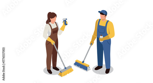 Isometric cleaning team couple with mops and gloves