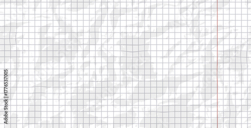 Crumpled grid paper blank. White math page background. Notepad or school paper sheet. Vector horizontal binder checkerboard folded pattern. Craft diary on memo textured cover.