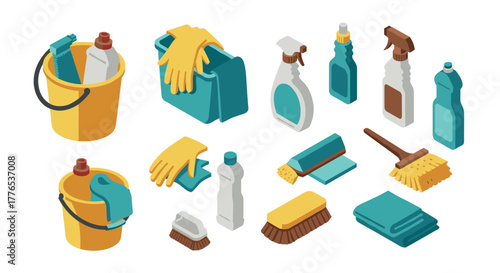 Isometric cleaning supplies with bottles, gloves, and brushes in bright colors