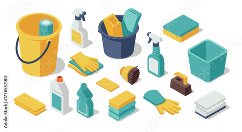 Isometric cleaning supplies set with buckets, sprays, and sponges on white background