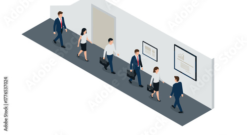 Business professionals walking down office hallway in isometric style