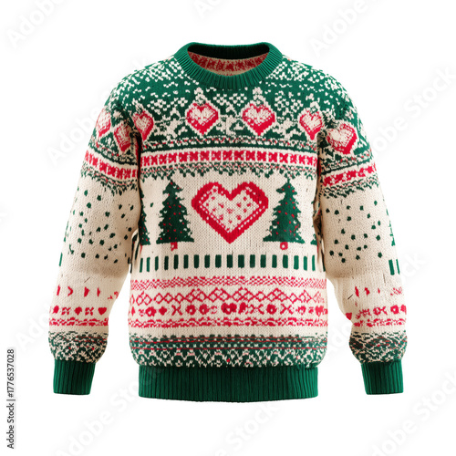 Colorful Holiday Sweater With Heart and Tree Designs Perfect for Winter Celeb...