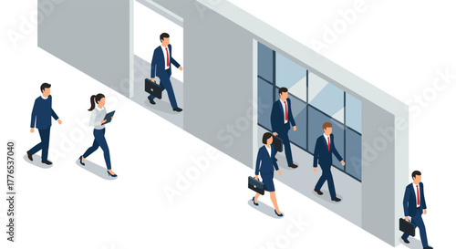 Isometric office workers walking through modern building with glass panels
