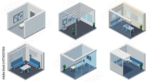 Modern office isometric designs with meeting and workspace layouts
