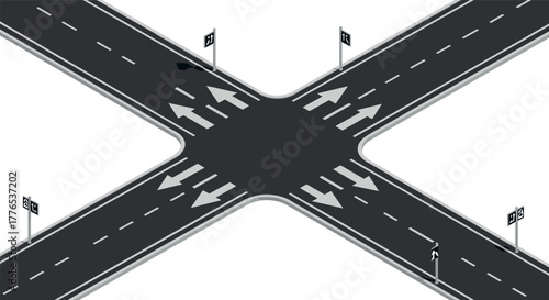Isometric road intersection with arrows and traffic signs on asphalt surface