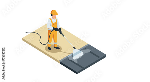 Isometric worker cleaning with pressure washer on concrete surface