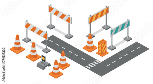 Road construction site with traffic barriers and safety cones in isometric style