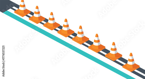 Isometric traffic cones on road with blue line  safety and construction concept