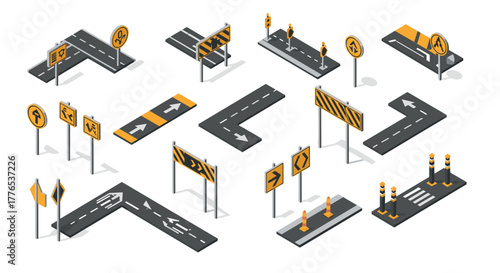 Isometric road signs and markings collection for urban planning and design