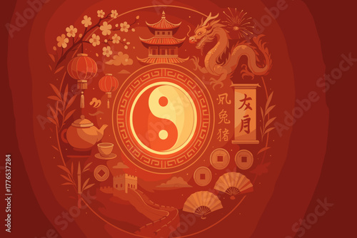 Yin Yang Symbol with Chinese Dragon, Pagoda and Lanterns – Traditional Red Design