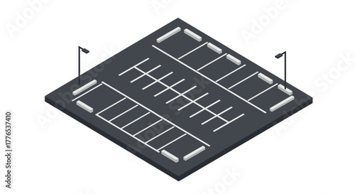 Isometric parking lot design with empty spaces and street lamps