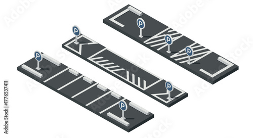 Isometric urban parking lots with markings and signage design elements