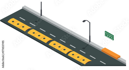 Isometric road with speed bumps and streetlights