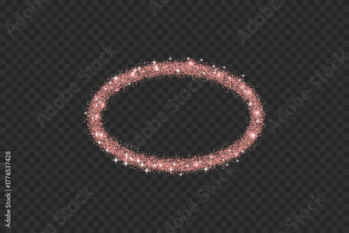 Rose gold glitter ellipse frame. Stardust Christmas confetti border. Pink glitter thin oval text box. Party shimmering geometric callout. Vector illustration on transparent background.
