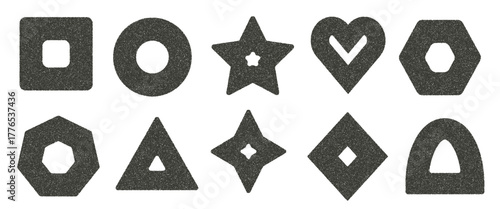 Ink linocut rolled geometric shapes with noise set. Grainy textured y2k elements with hole. Triangle, rectangle, star and circle. Vector gritty stickers shapes. Grunge geometry figures.