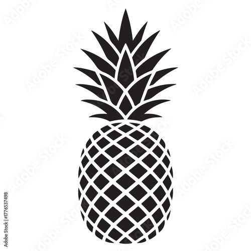 Silhouette of a pineapple isolated on white background, a tropical fruit with a spiky crown and textured skin