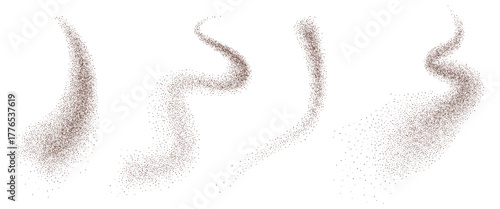 Textured grounded coffee spray gradients fly curved shapes set. Grainy cocoa powder splash wavy long textured elements. Brown dotwork forms. Vector gritty wavy lines. Grunge figures.