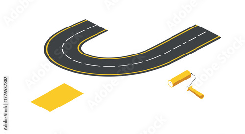 Isometric road construction with yellow roller and asphalt pathway