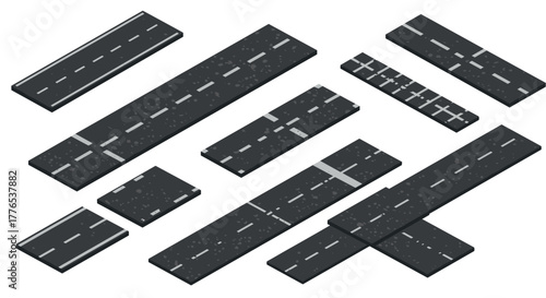 Isometric urban road set with asphalt texture and crosswalk elements