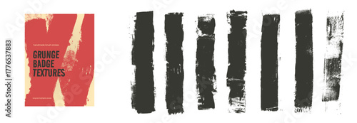 Set of long black roller rough textures. Ink paint brush straight strokes. Rectangle grange text boxes. Wide eroded streaks set. Quotation grunge textures. Vector wall ink rolled borders elements.