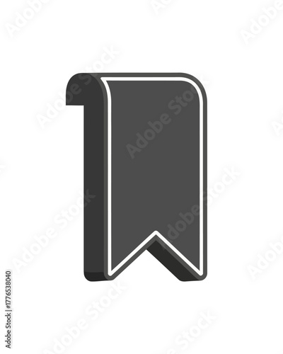 Gray bookmark icon with a white outline and 3D effect. Simple ribbon tag design for saving, marking, or labeling digital content, an isolated vector graphic