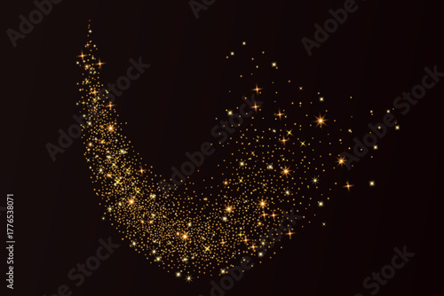 Magic gold dust wavy line. Golden blinks and glitter swoosh. Shimmer spray effect. Shiny confetti, stardust light line texture. Festive particles wave isolated on dark background. Vector illustration.