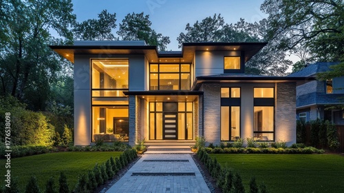 Modern house facade at night