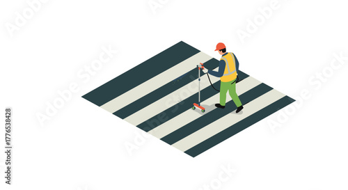 Road maintenance worker painting crosswalk in isometric style