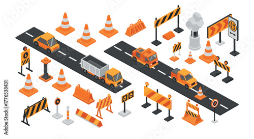 Isometric road construction scene with traffic cones and safety barriers