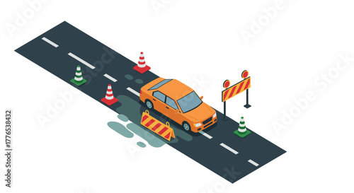 Isometric construction scene with car and road barriers on asphalt