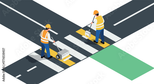 Workers painting crosswalk on city street intersection in isometric design