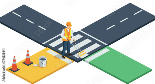 Isometric road construction with worker painting crosswalk and traffic cones