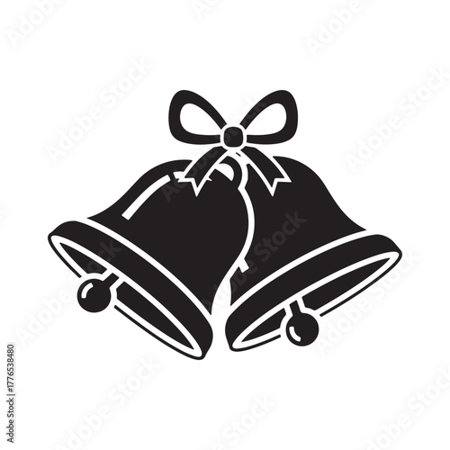 Two black silhouetted bells tied with a red ribbon