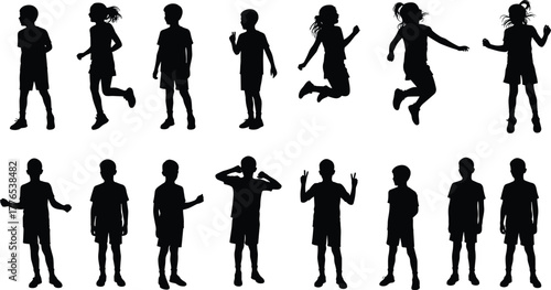 Children silhouette, jumping kids, walking pose, playful movement, black vector, cartoon style, body language, casual outfit, gesture study, educational use