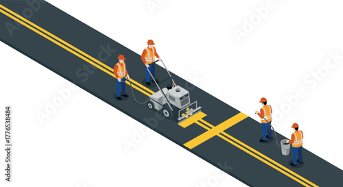Road marking crew working with line painting machine on highway