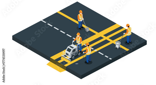 Isometric road construction workers painting lane markings