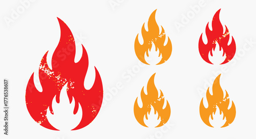 Set of distressed grunge fire flame icons in vibrant red and orange colors, energy and heat concept