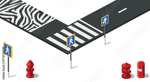 Isometric urban intersection with road signs and fire hydrants