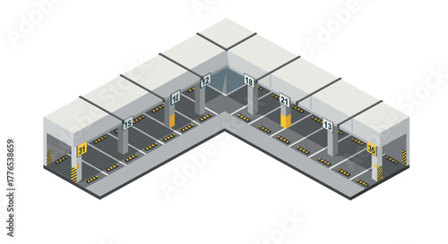 Isometric parking garage with numbered spaces and concrete structure